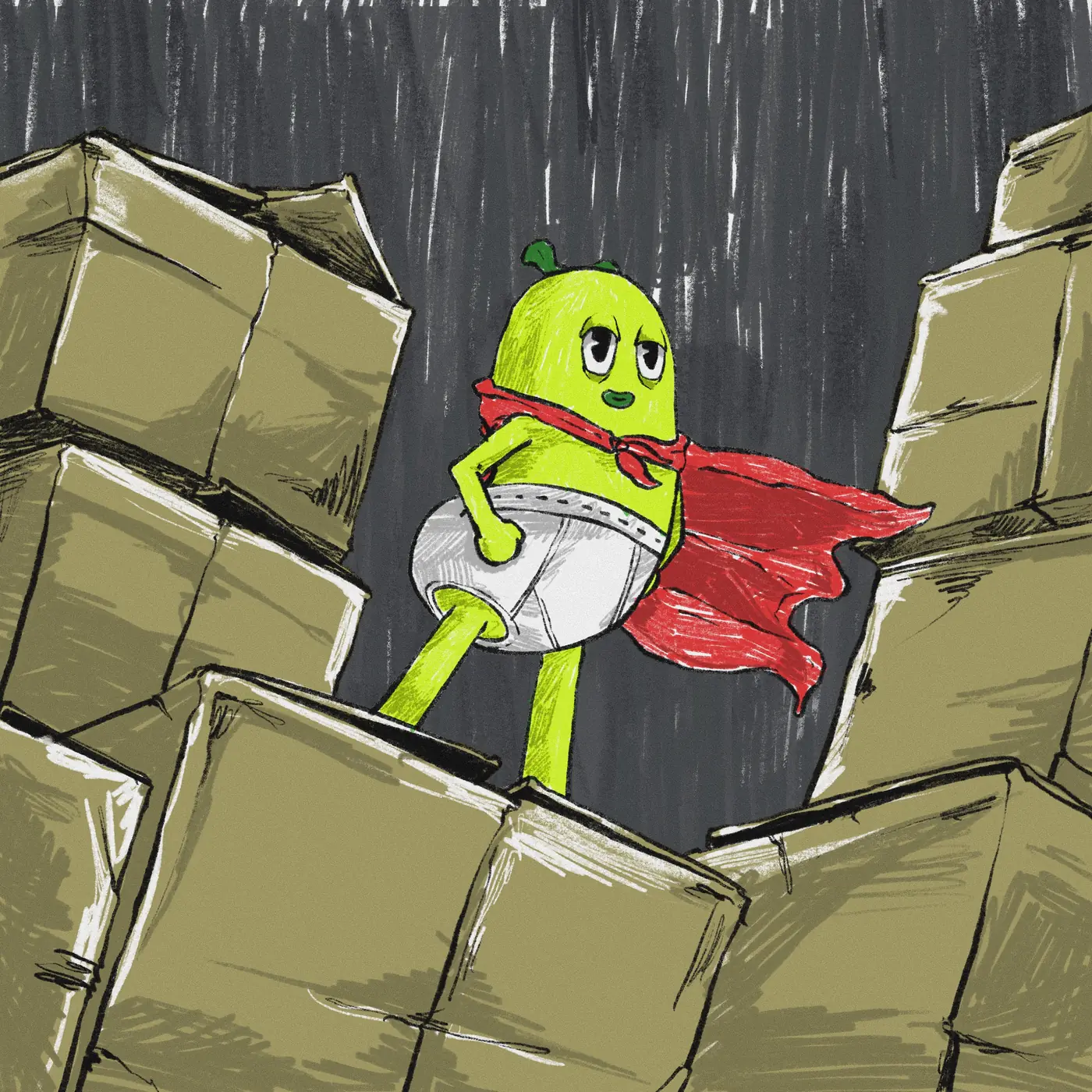 Pickle Pat standing among stacked cardboard boxes in a dark warehouse