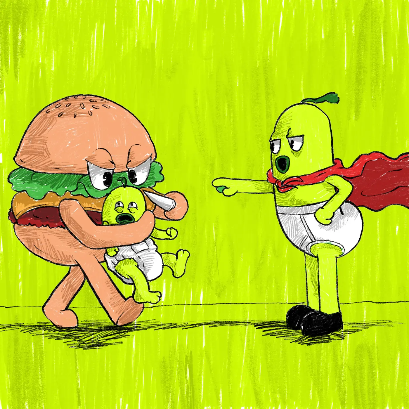 A burger carrying off a crying baby pickle while Pat points at it