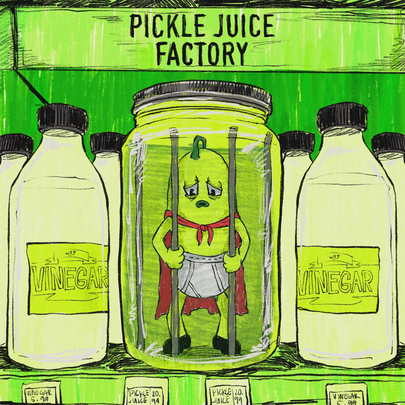 Pickle Pat behind bars inside a jar on a Pickle Juice Factory shelf