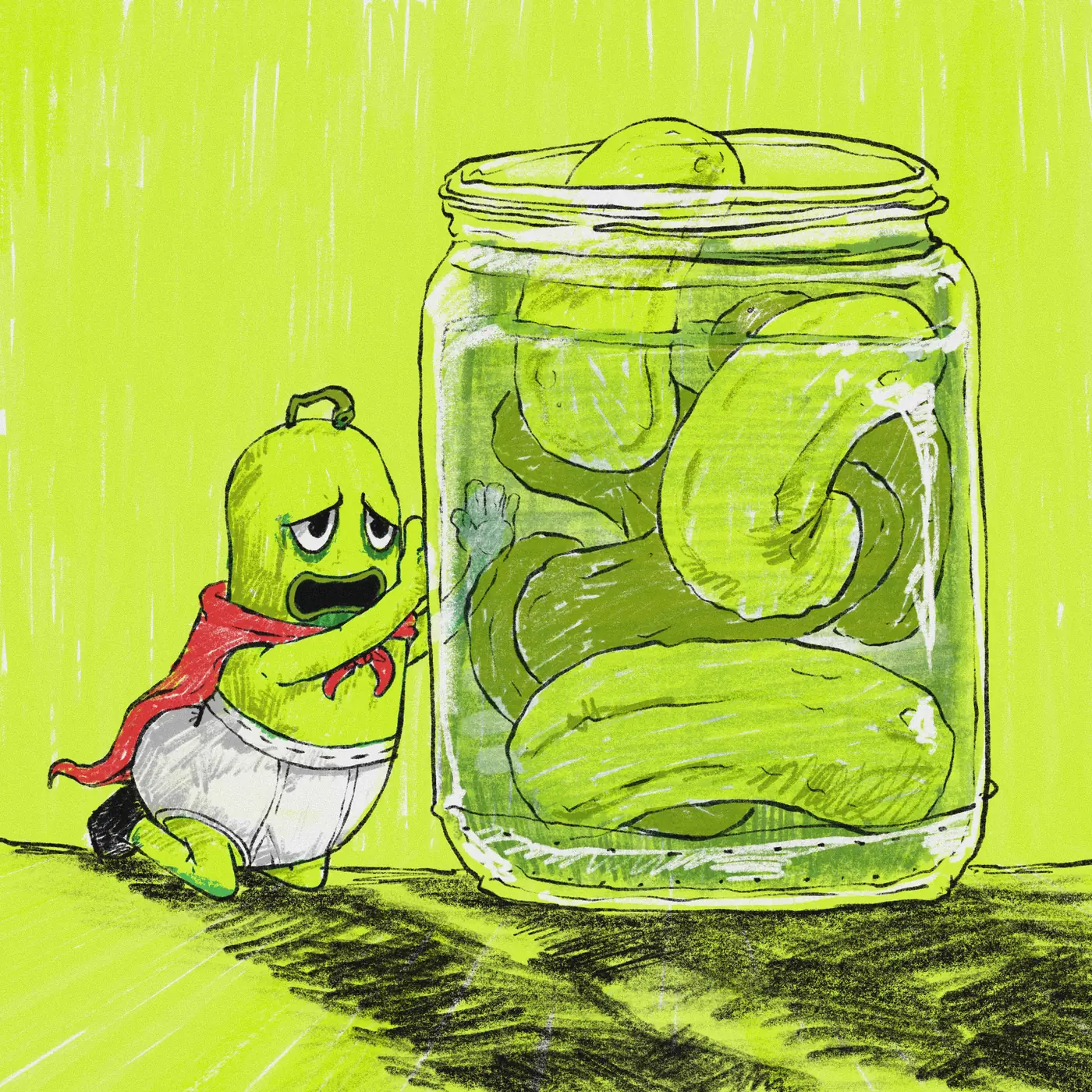 Pickle Pat with his hand pressed to a jar packed with pickles